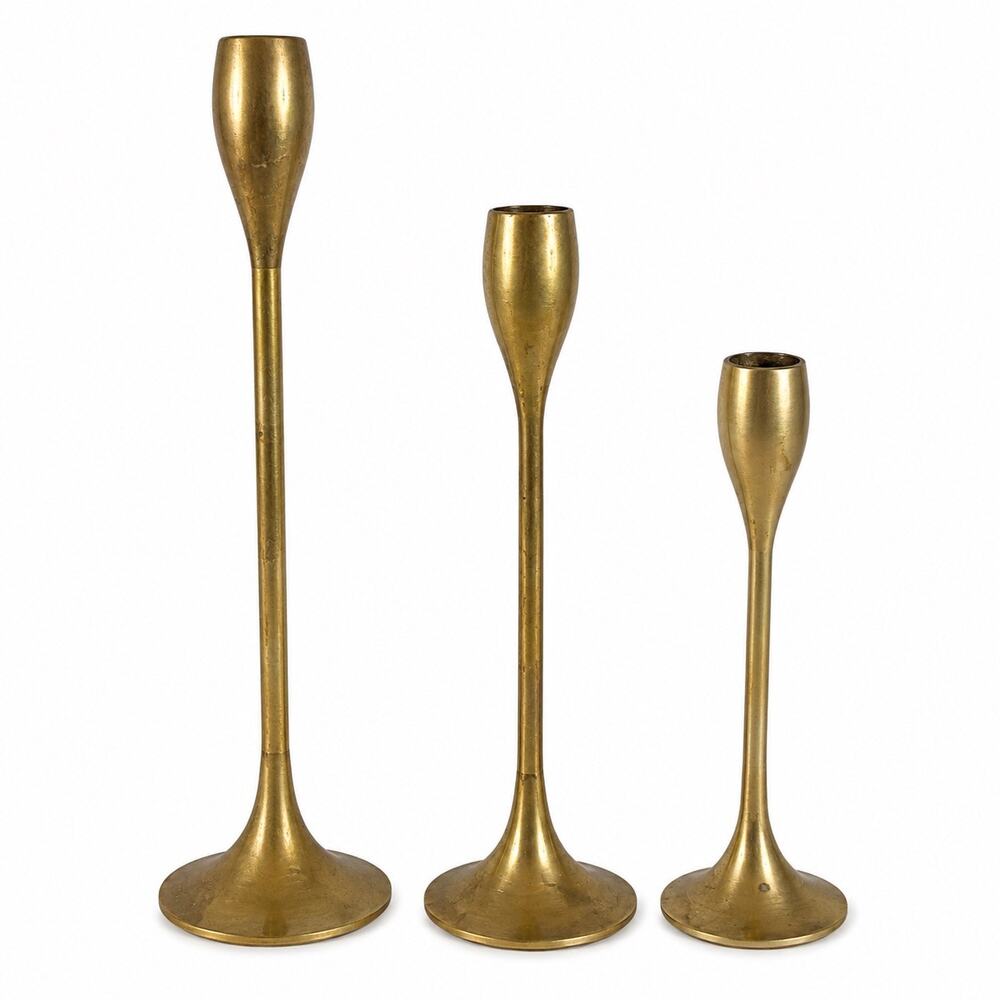 Vintage Solid Brass Graduated Candlestick Holders Set of 3 MCM Decor